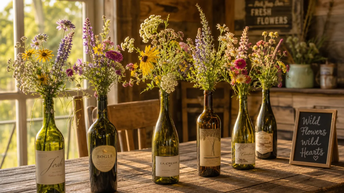 a rustic wooden table with wine bottles as vases holding fresh wildflowers,…