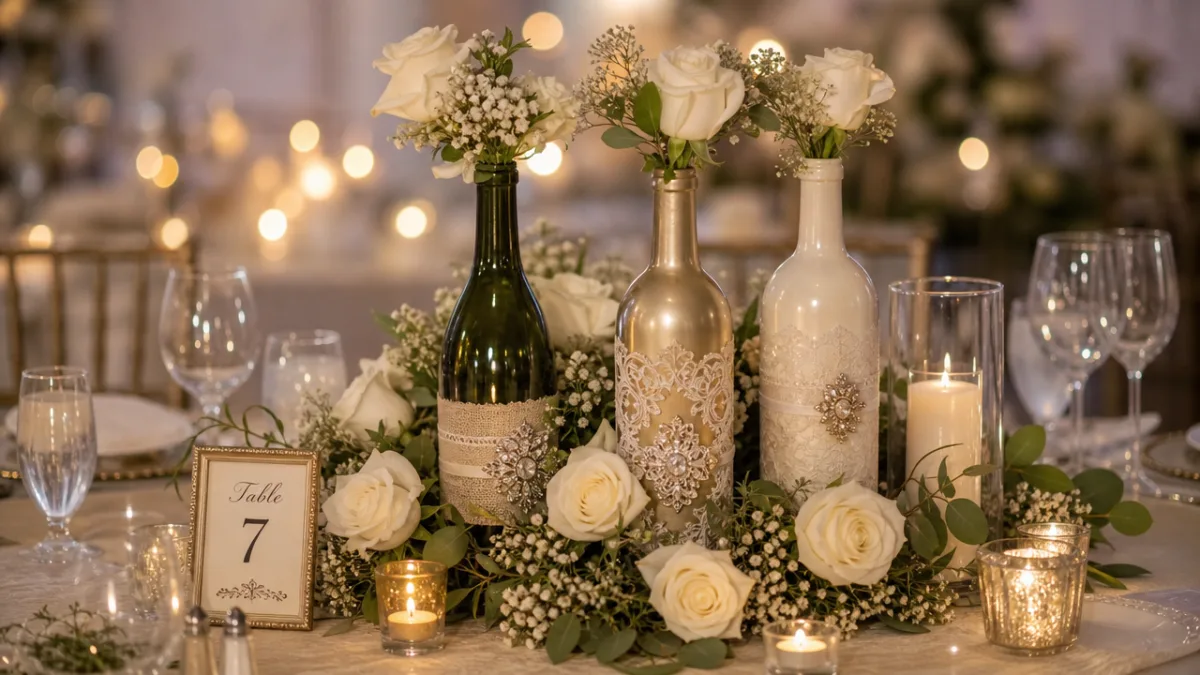 an elegant wedding table centerpiece with decorated wine bottles and white roses,…