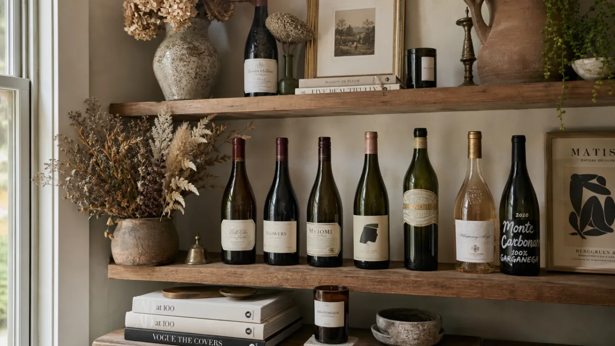 a cozy interior shelf displaying wine bottles in various decorative styles with…