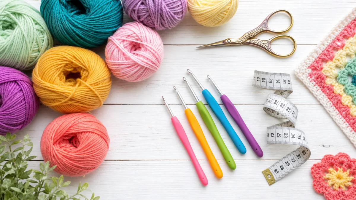 a flat lay of colorful yarn balls, crochet hooks, scissors, and measuring…