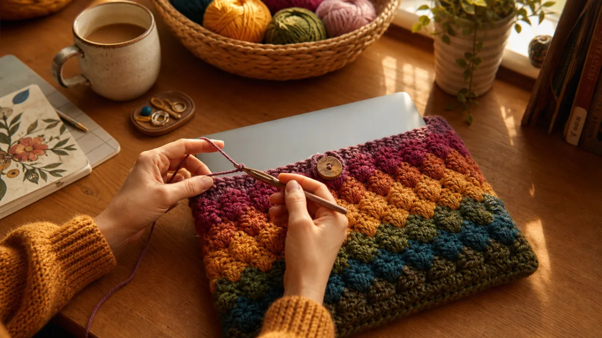 hands crocheting a colorful textured laptop sleeve on a wooden desk, warm…