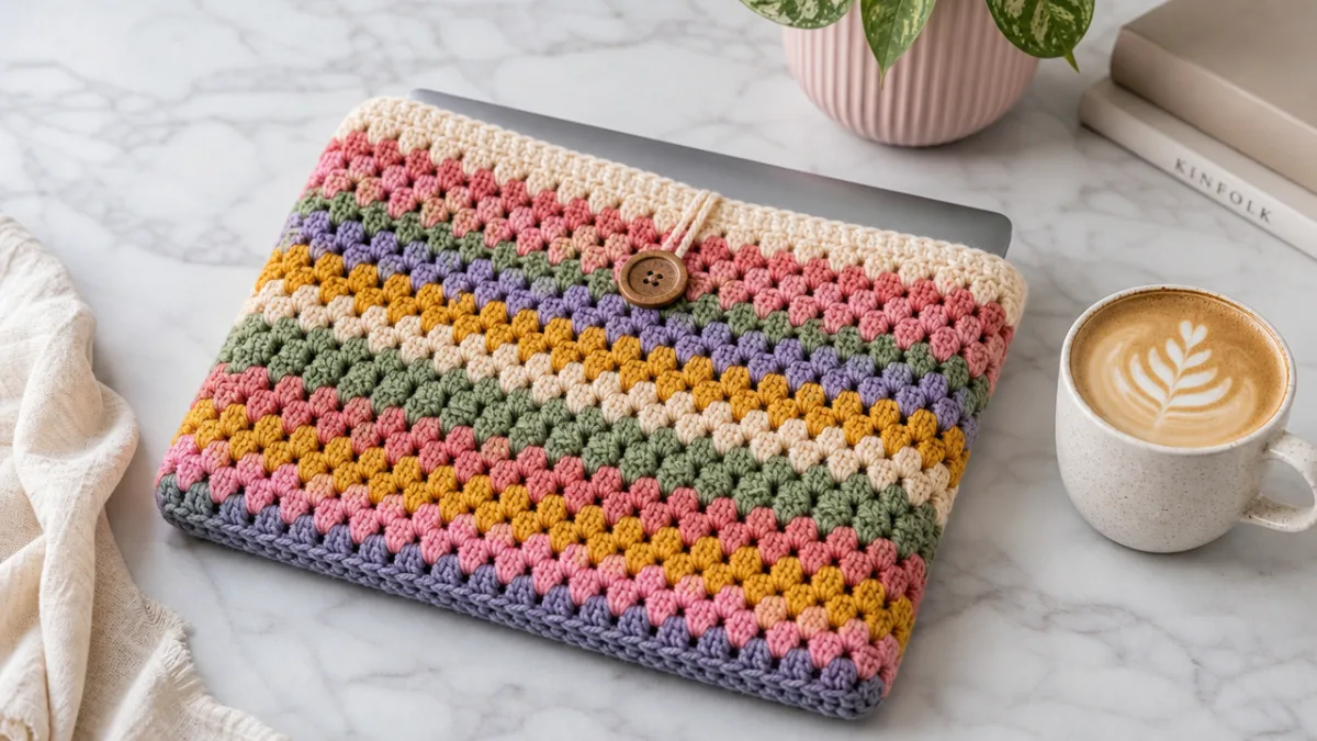 a finished colorful crochet laptop sleeve resting on a marble surface beside…