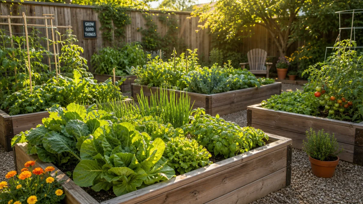a sunlit backyard with several wooden raised garden beds filled with lush…