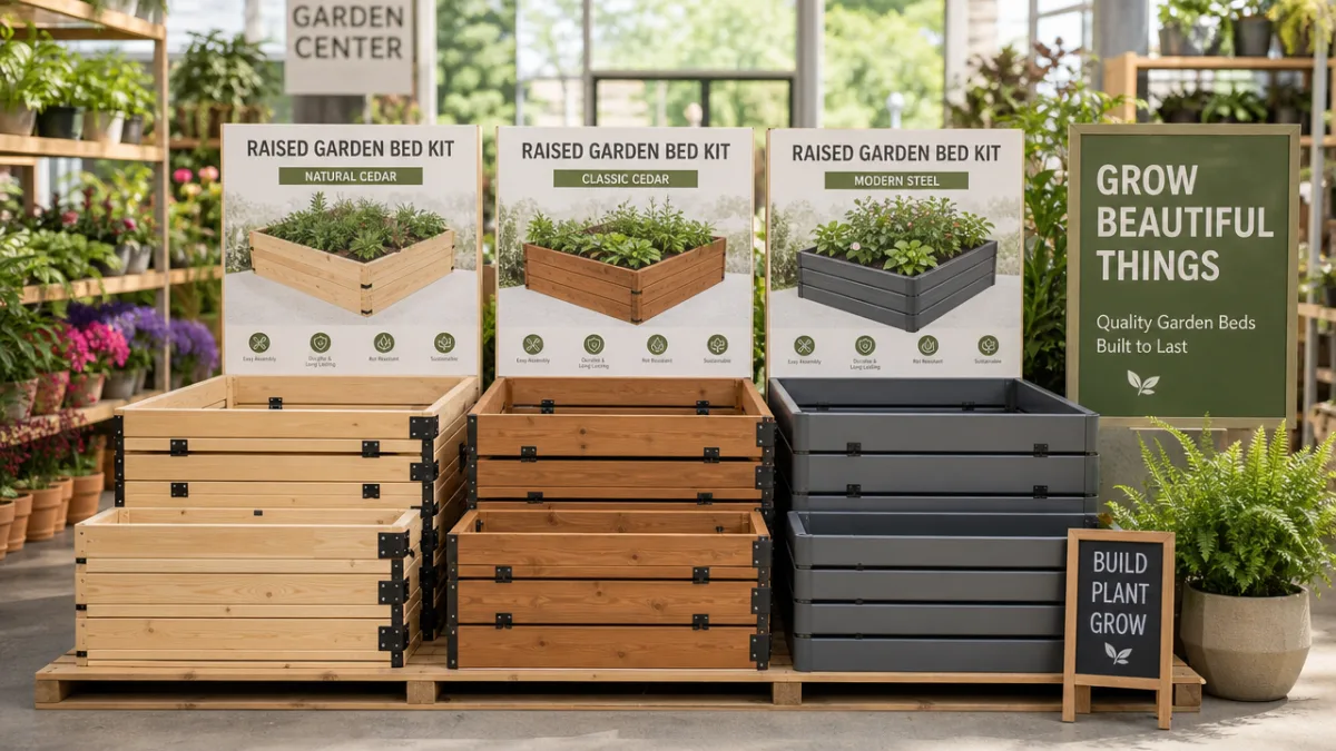 neatly arranged raised garden bed kits in a bright garden center display,…