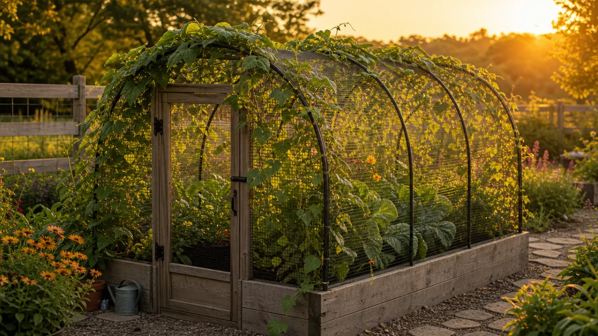 a protected raised garden bed with arched netting frame covered in climbing…