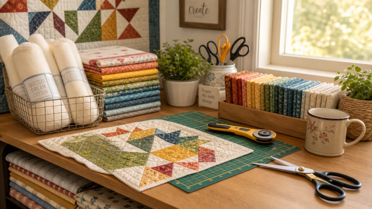 a neatly organized sewing workspace with colorful quilting fabrics, scissors, and batting…