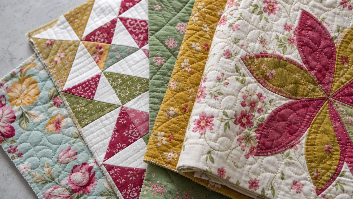 close-up of vibrant quilted fabric swatches in coordinating floral and geometric prints,…