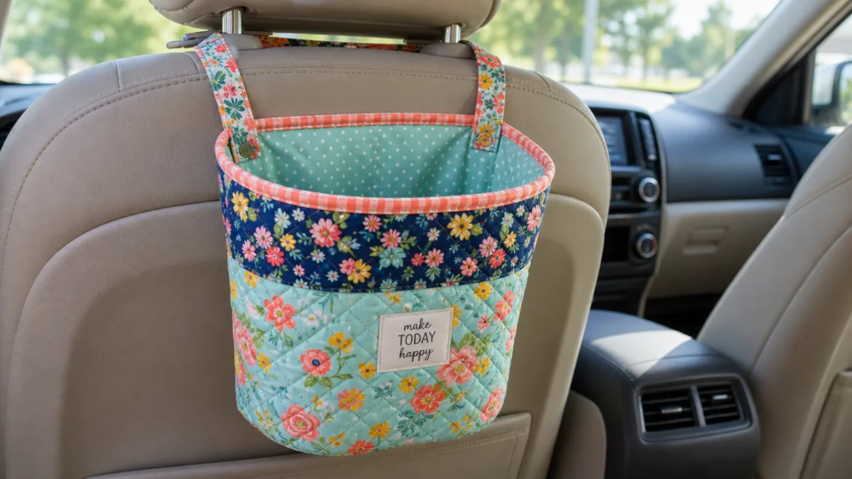 a finished quilted car trash basket in cheerful cotton prints hanging from…