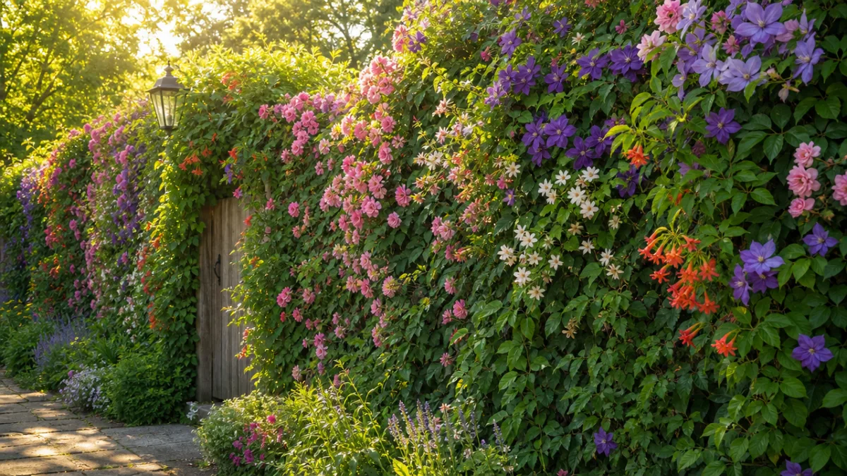 a lush garden fence completely covered in green climbing vines and colorful…