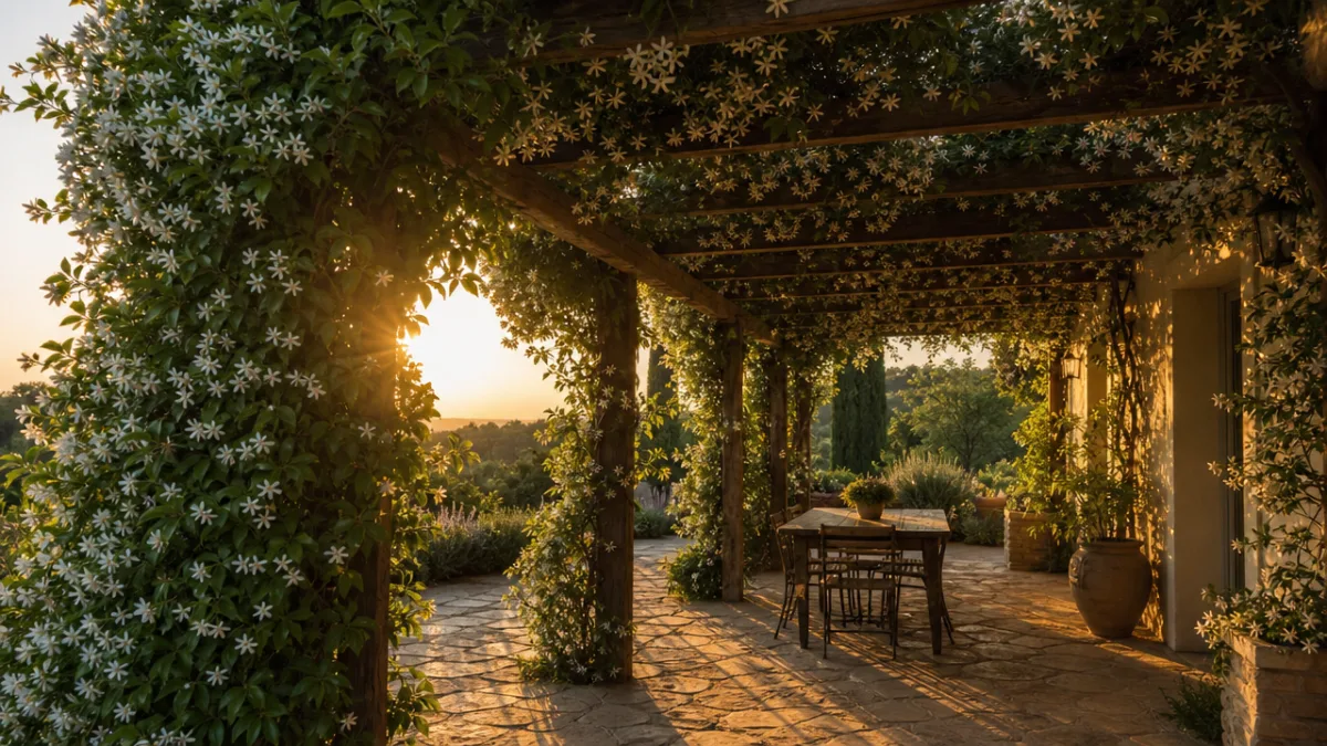 a pergola draped in evergreen climbing plants with white jasmine flowers, golden…