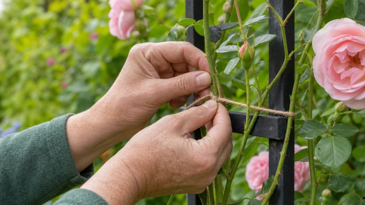 close-up of gardener's hands tying climbing rose canes to a trellis, soft…