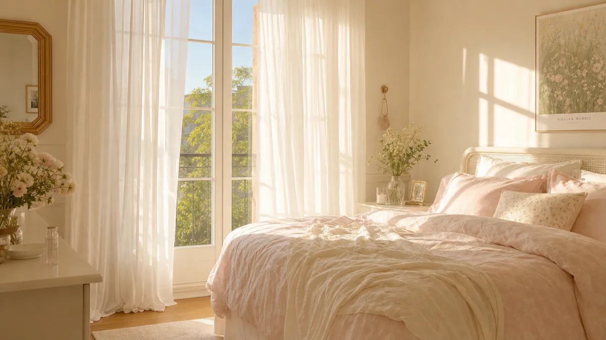 a sun-drenched aesthetic bedroom with sheer white curtains, golden morning light, and…