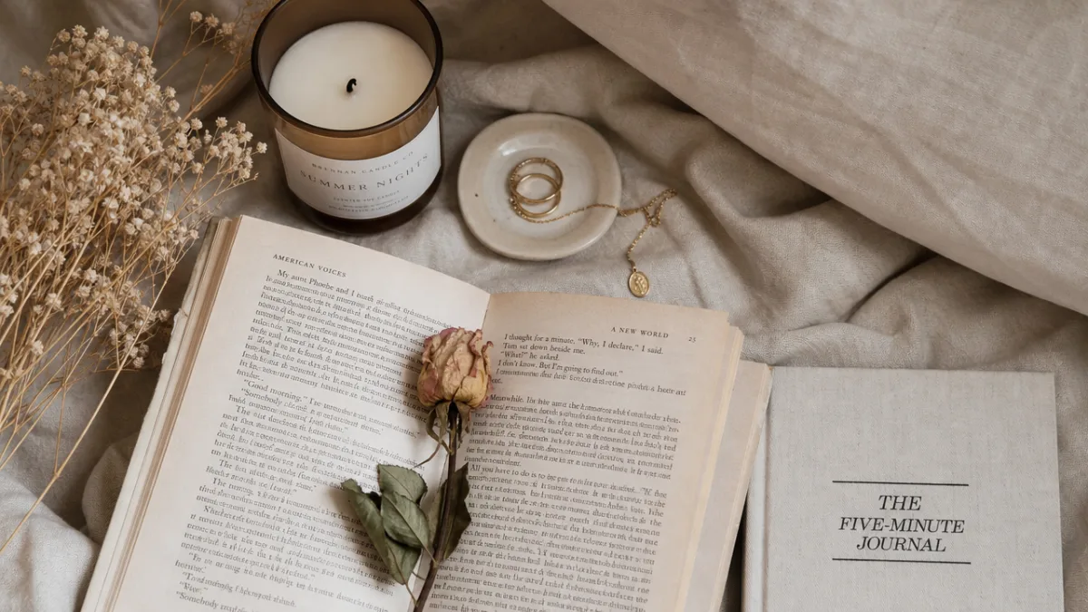 a close-up flat lay of aesthetic bedroom props including candles, dried flowers,…