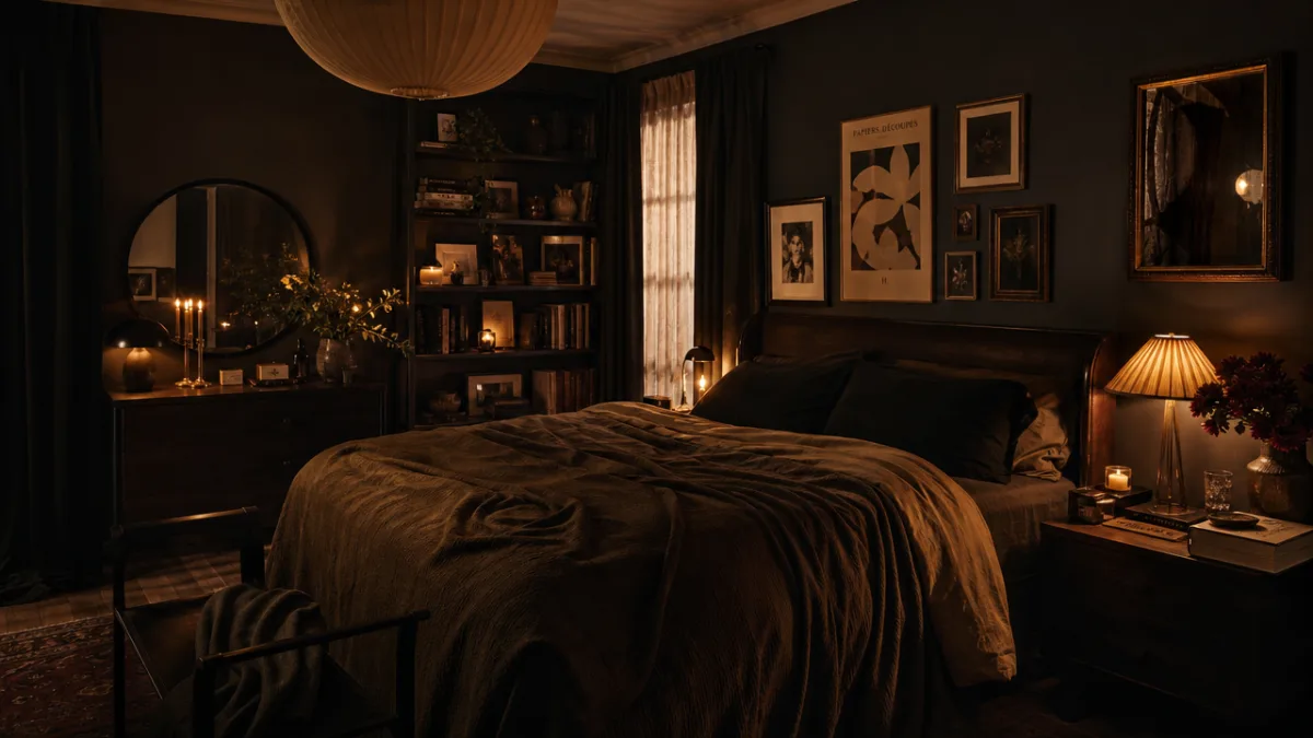 a moody dark aesthetic bedroom with warm amber lamp glow, rich textures,…