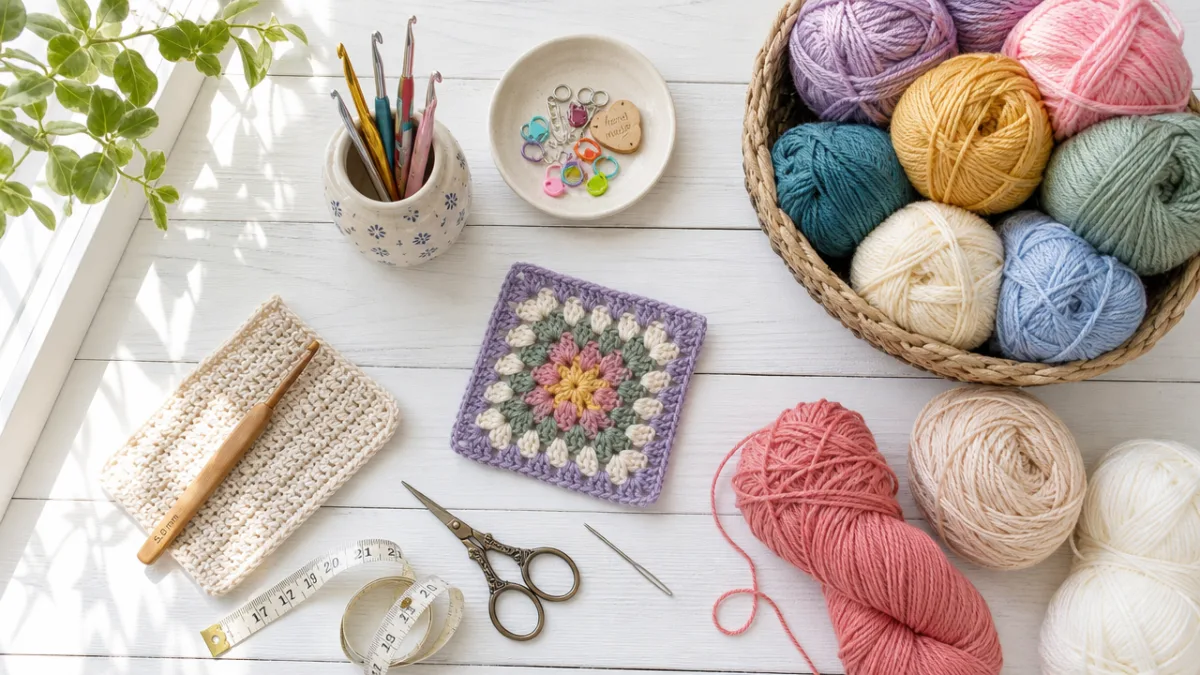 a flat lay of crochet tools and colorful yarn skeins on a…