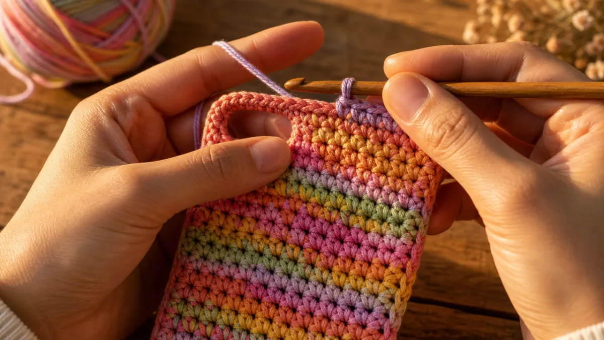 close-up of hands crocheting a colorful phone case with a wooden crochet…