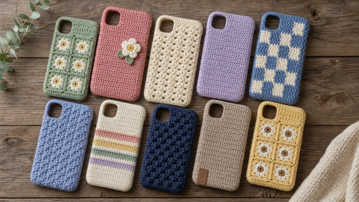 an assortment of finished crochet phone cases in various colors displayed on…