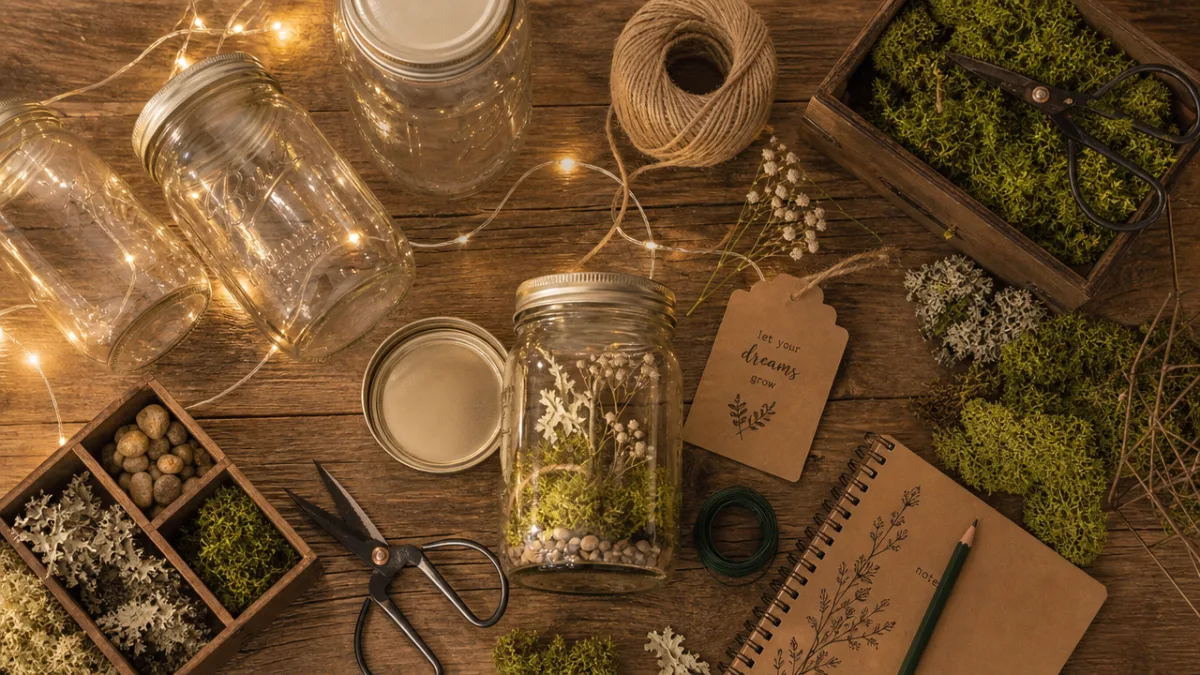 a flat lay of mason jars, fairy lights, moss, and craft supplies…