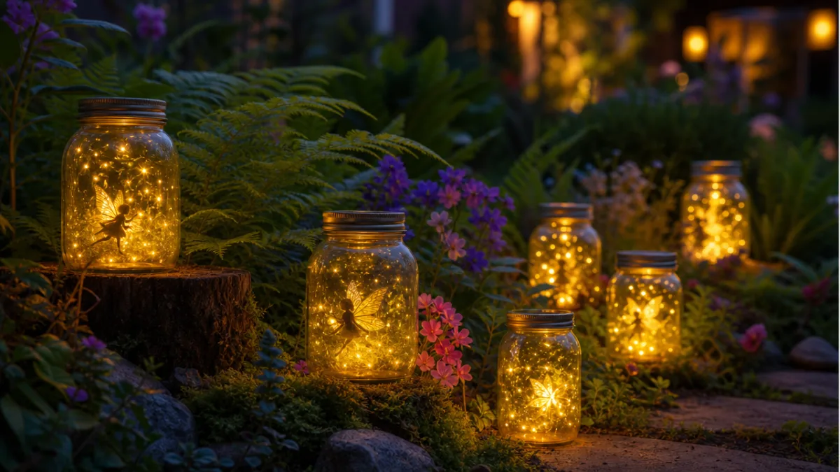glowing fairy jars arranged among ferns and garden plants at dusk, soft…