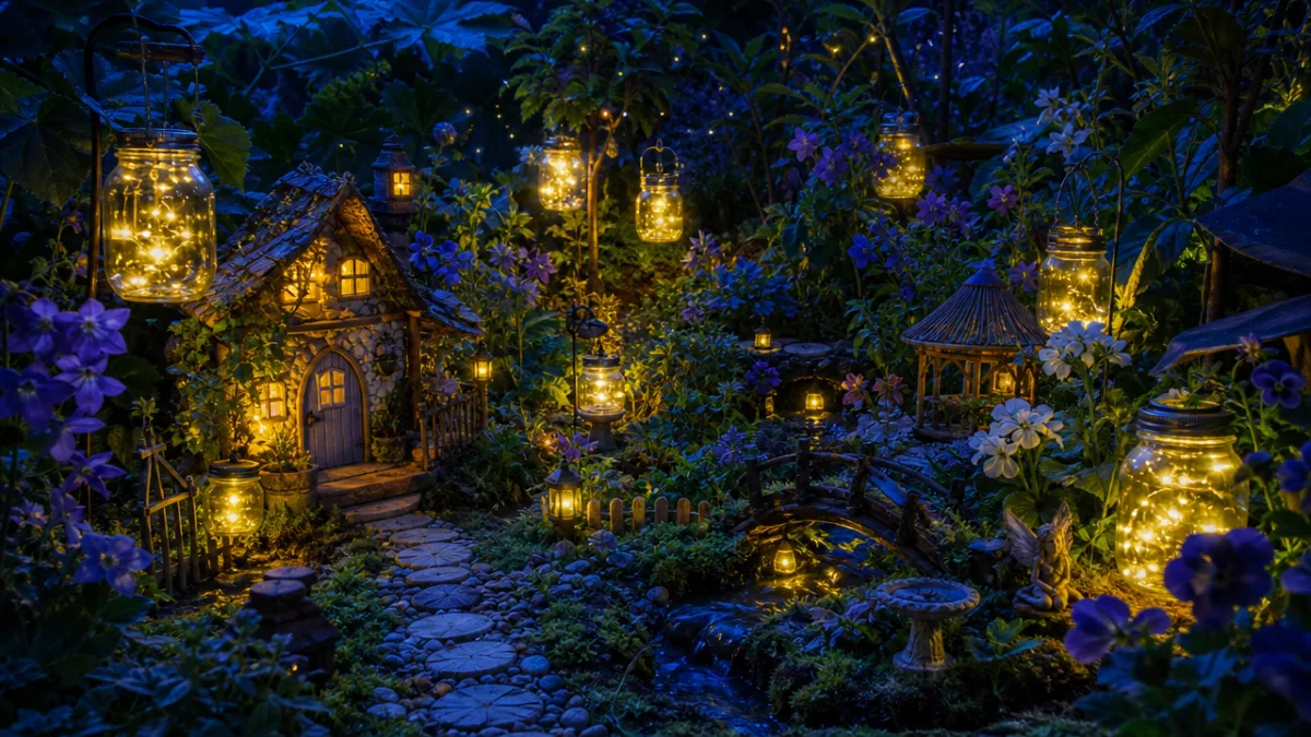 a completed fairy garden with multiple glowing jars among lush green plants…