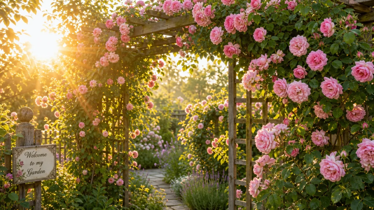 a lush garden trellis covered in blooming pink climbing roses bathed in…