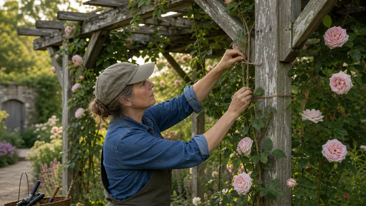 a gardener carefully training and tying rose canes to a weathered wooden…