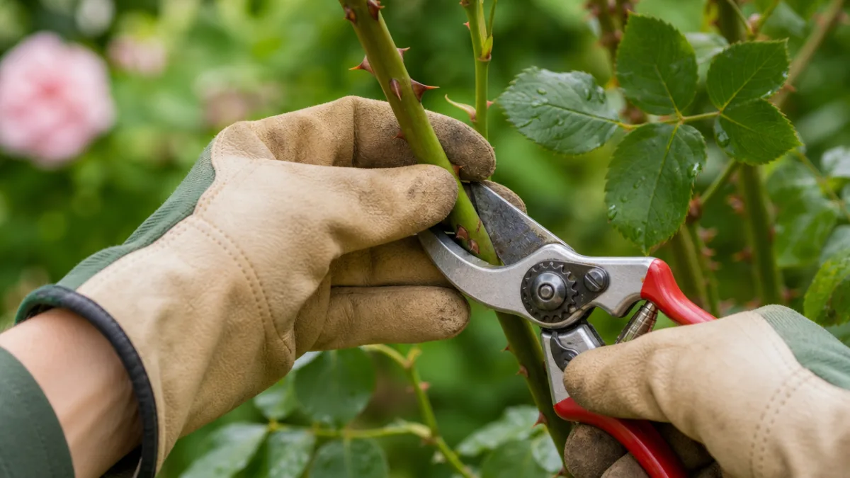 close-up of gloved hands pruning climbing rose canes with sharp secateurs against…
