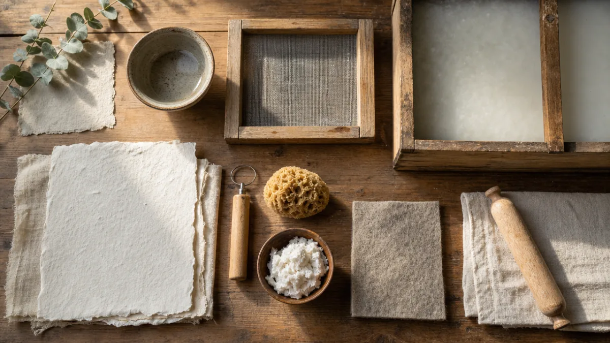 a flat lay of papermaking tools on a wooden table, warm natural…