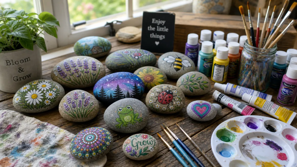 a rustic wooden table covered with painted garden stones, colorful acrylic paints…