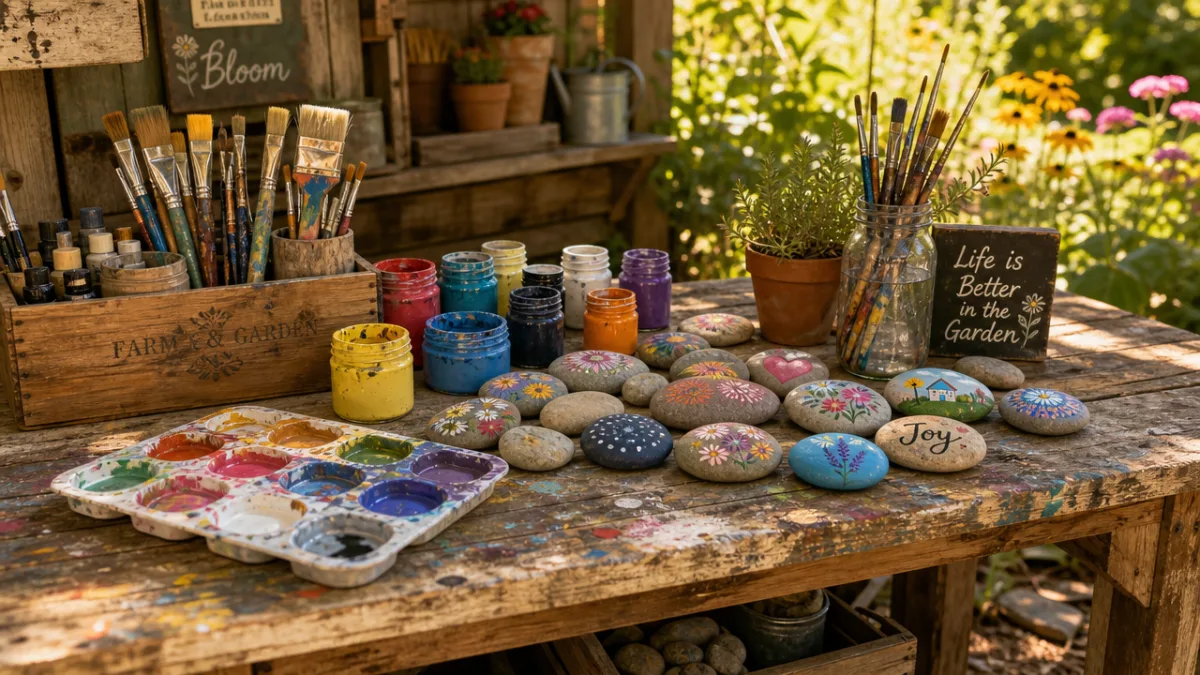 a rustic wooden garden workbench covered in colorful paints, brushes, and smooth…