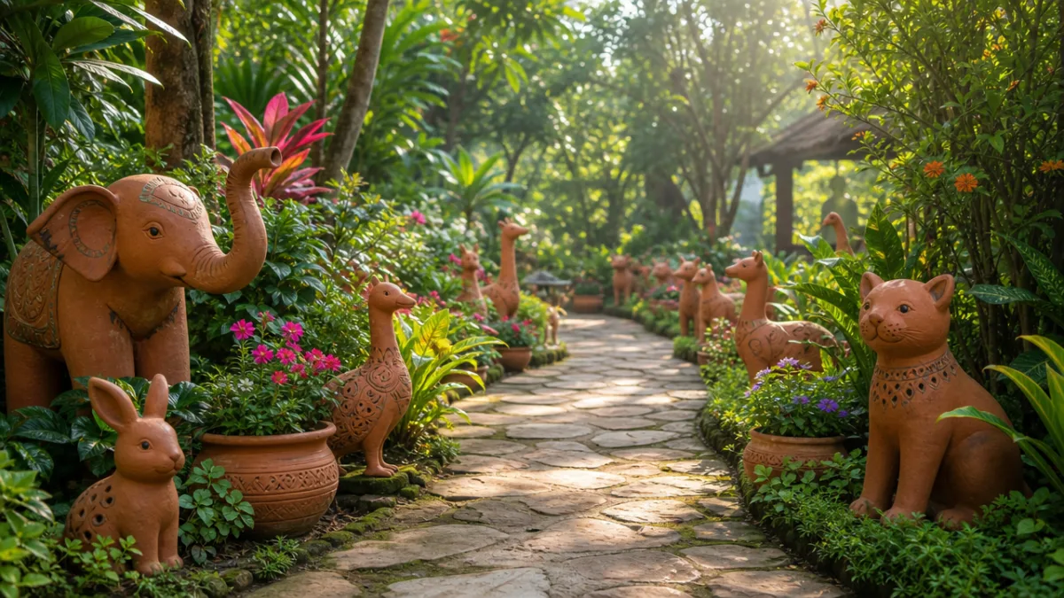 a lush garden path lined with colorful terracotta pot animal sculptures surrounded…