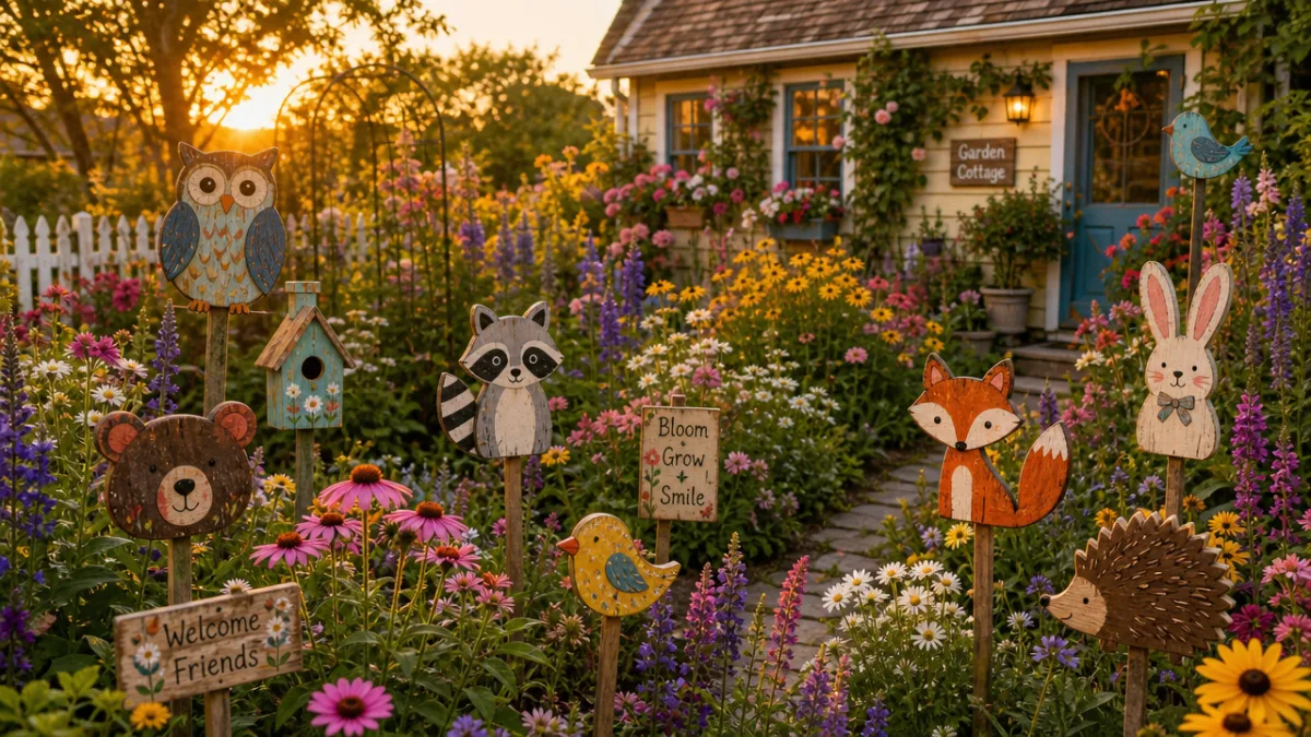 a colorful cottage garden filled with handmade animal decorations on stakes among…
