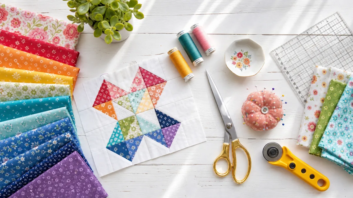 a flat lay of colorful quilting fabrics, sewing tools, scissors and thread…