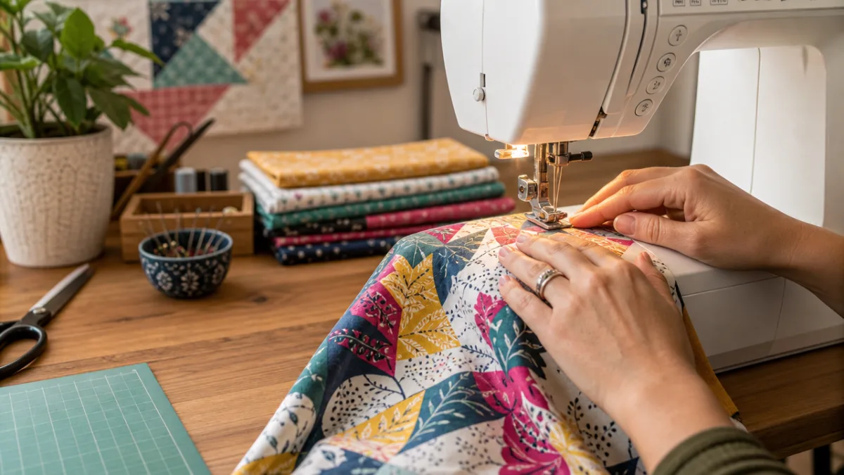hands guiding colorful patterned fabric through a white sewing machine, warm studio…