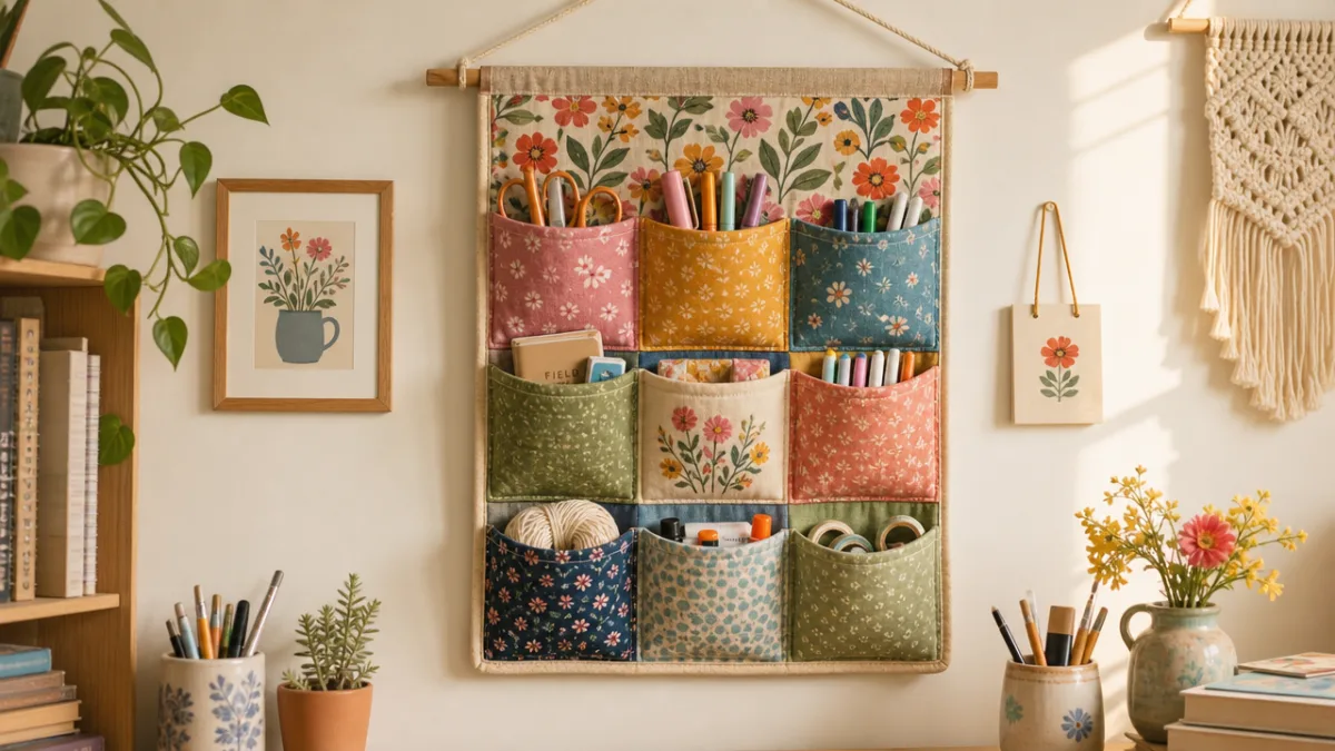 a finished colorful fabric wall pocket hanging on a white wall with…
