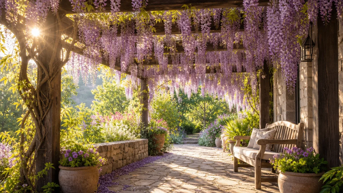 a sunlit garden pergola draped with cascading purple wisteria blooms, soft golden…