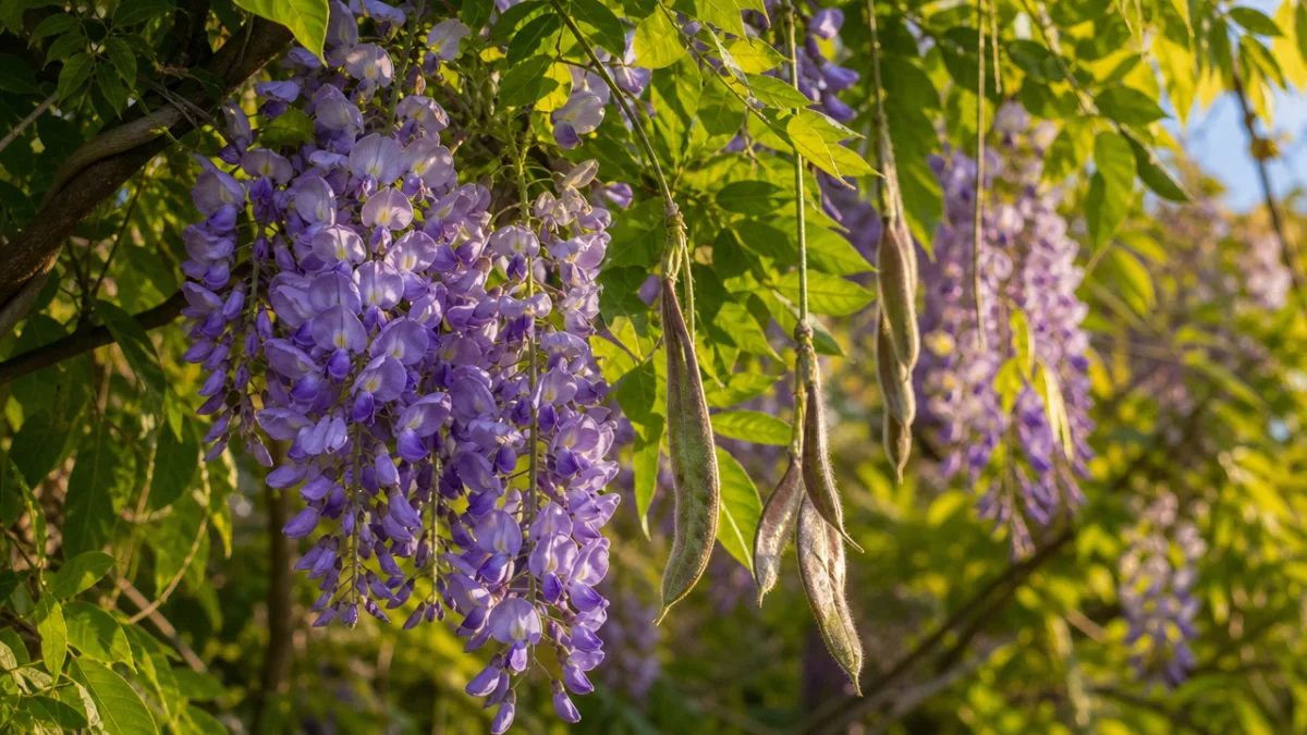 close-up of lush wisteria vine with green foliage and hanging seed pods…