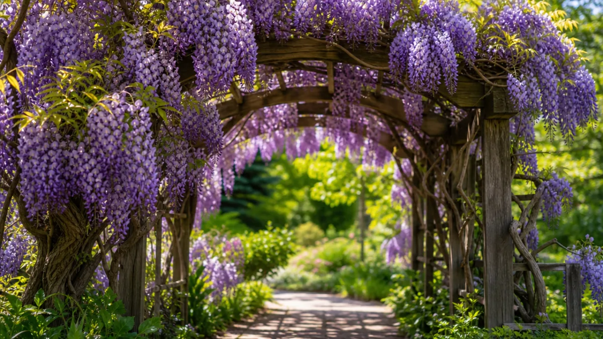 a well-maintained garden arbor with mature wisteria in full purple bloom, dappled…