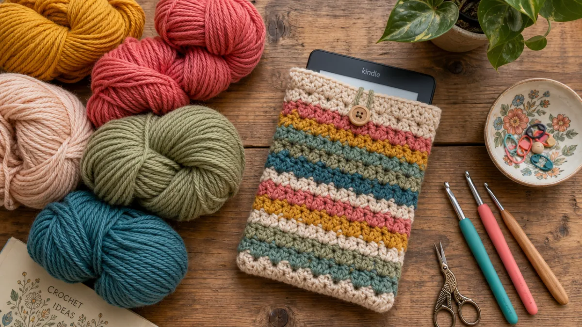 a flat lay of colorful yarn skeins, crochet hooks, and a handmade…