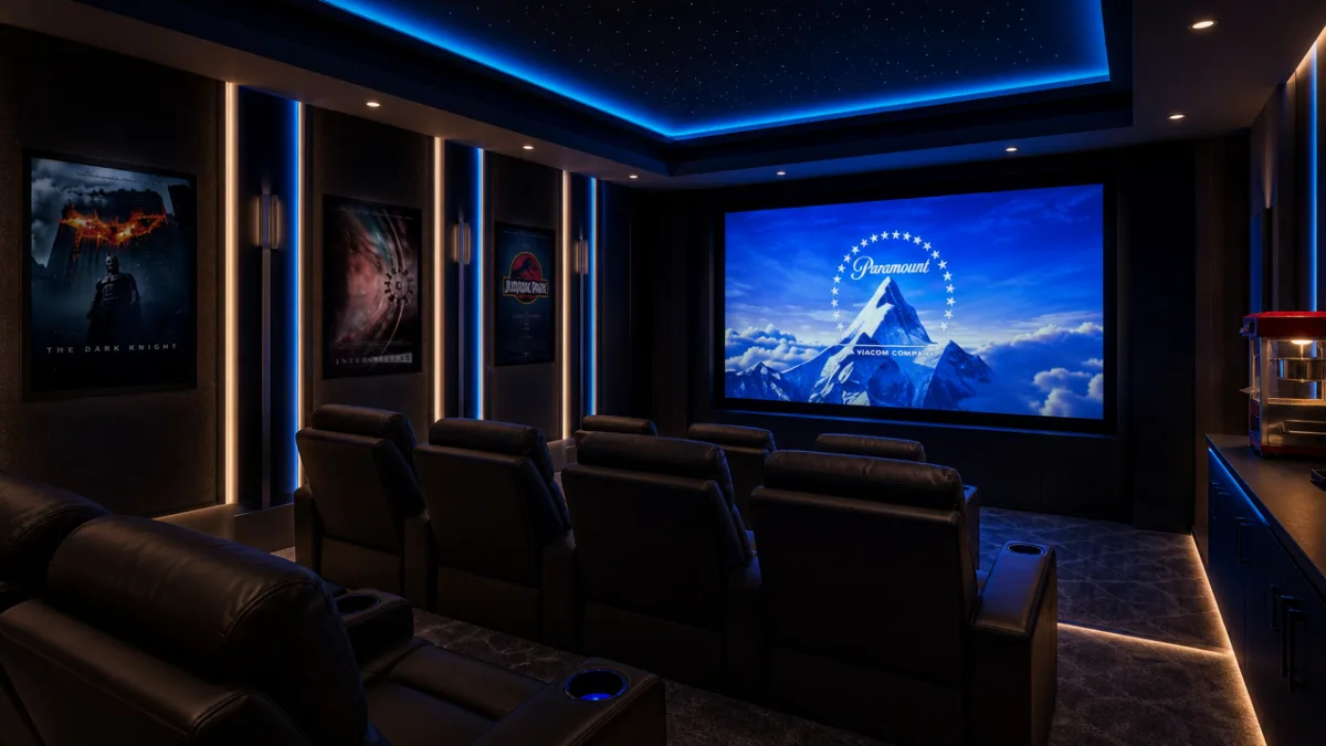 a darkened luxury home theater with a large projector screen glowing blue,…