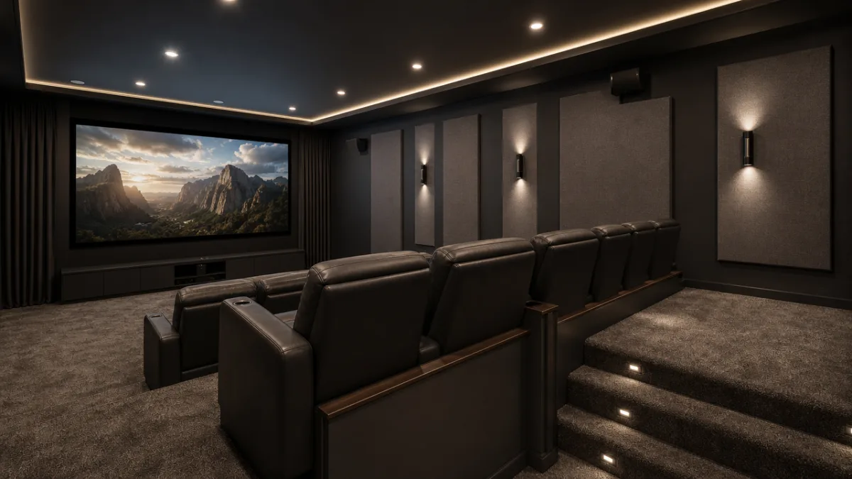 a well-treated home theater room with fabric acoustic panels on dark walls,…