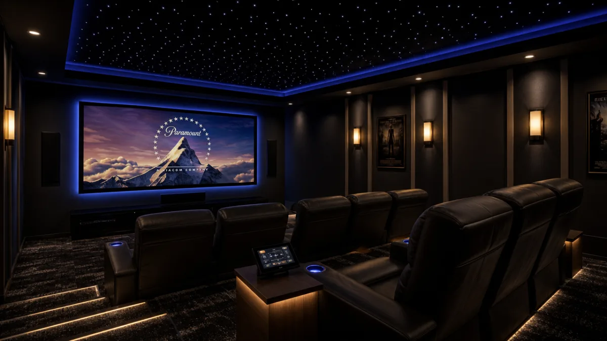 a finished luxury home theater with star ceiling fiber optics, glowing LED…