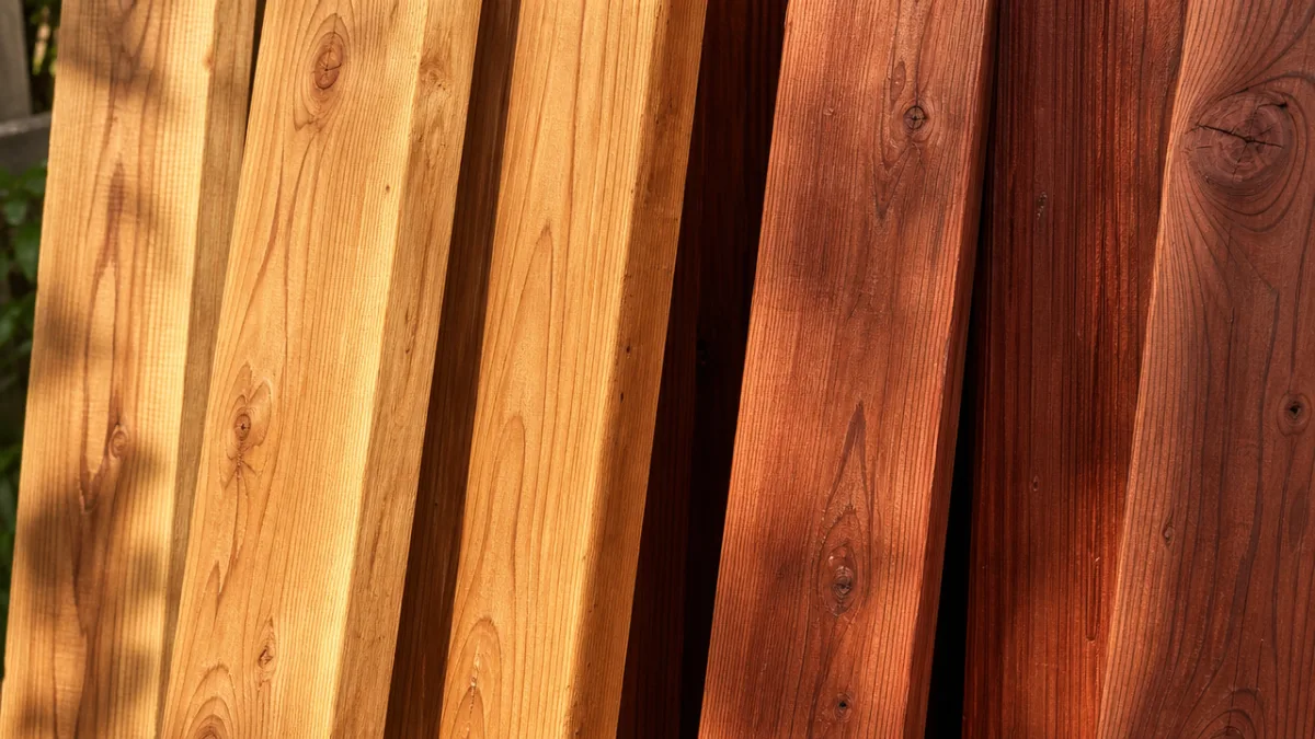 a close-up of natural cedar and redwood fence boards leaning against each…