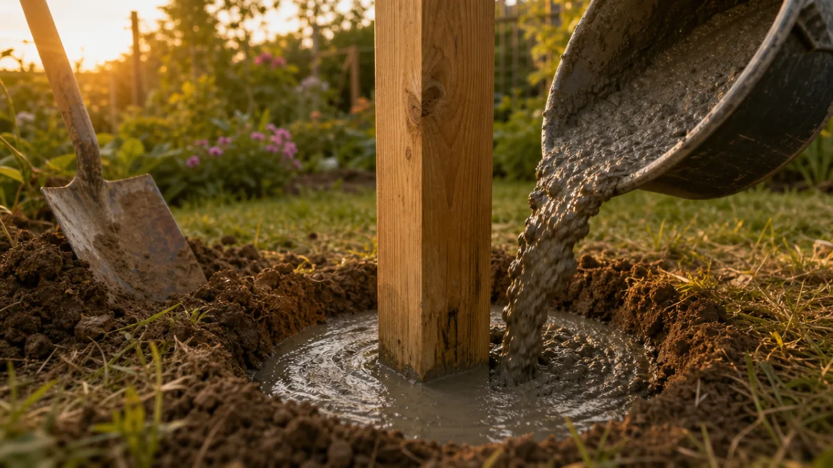 a freshly dug fence post hole with concrete being poured around a…