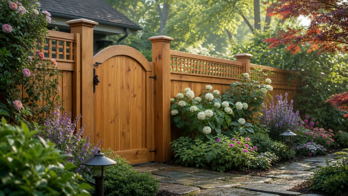 a beautifully finished cedar garden fence surrounded by lush flowering plants, soft…
