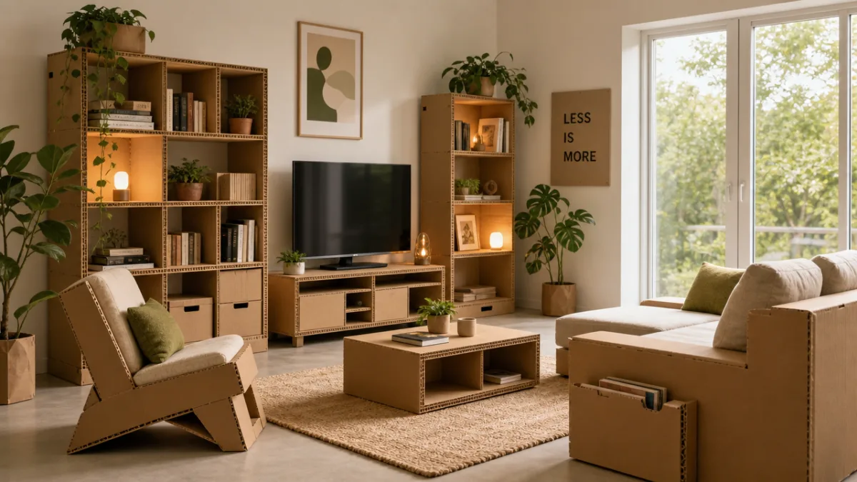 a modern living room setup with cardboard furniture including shelves and a…