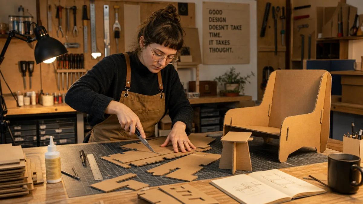 a craftsperson carefully cutting and assembling cardboard furniture pieces on a large…