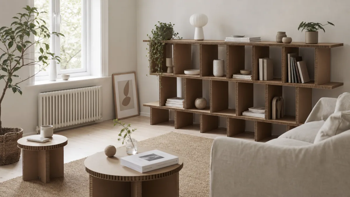 an elegant Scandinavian-style room featuring designer cardboard shelving units and side tables,…