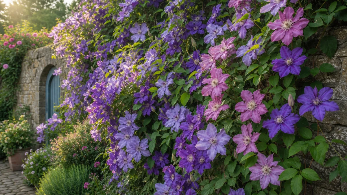 a lush garden wall covered in blooming purple and pink clematis vines,…