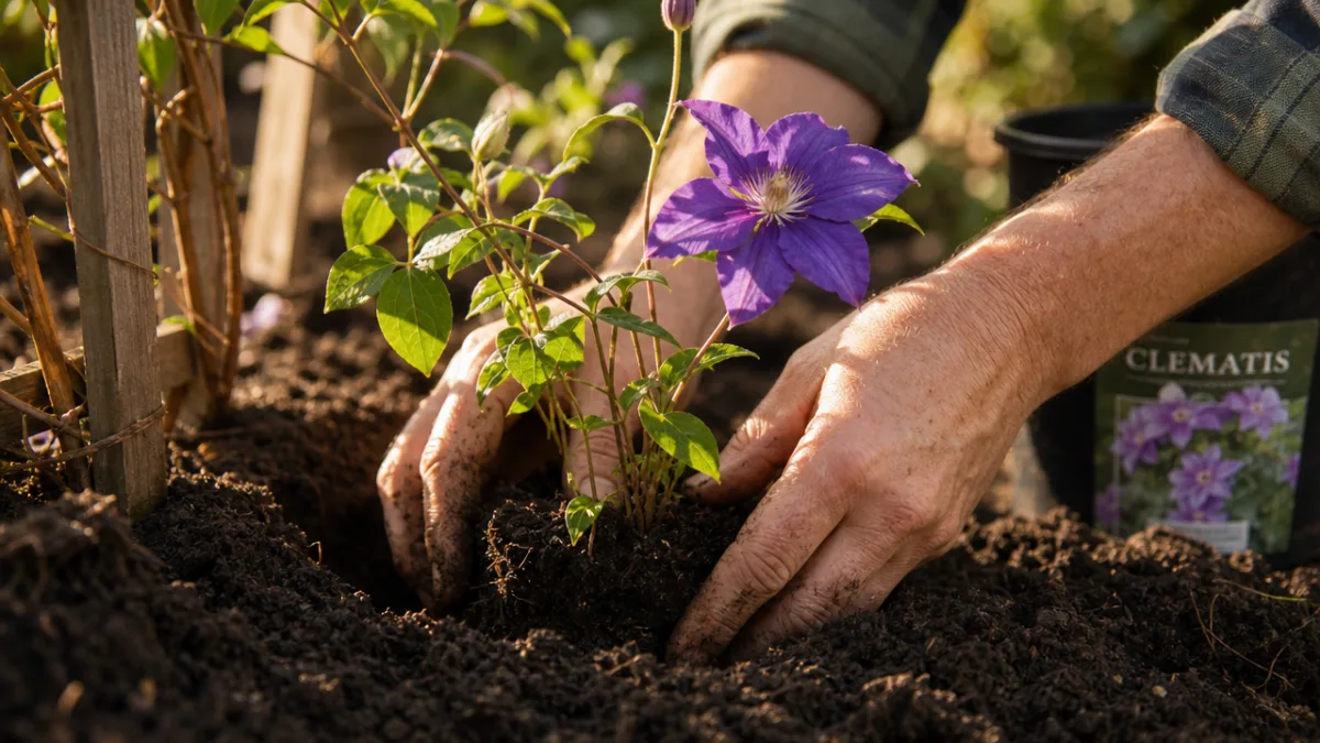 close-up of gardener's hands planting a clematis vine in rich dark soil,…